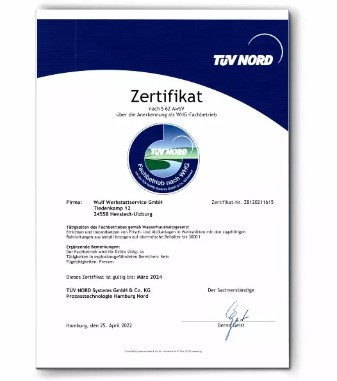 Wulf Werkstattausrüstung TÜV Nord WHG (Wasserhaushaltsgesetz) Zertifikat